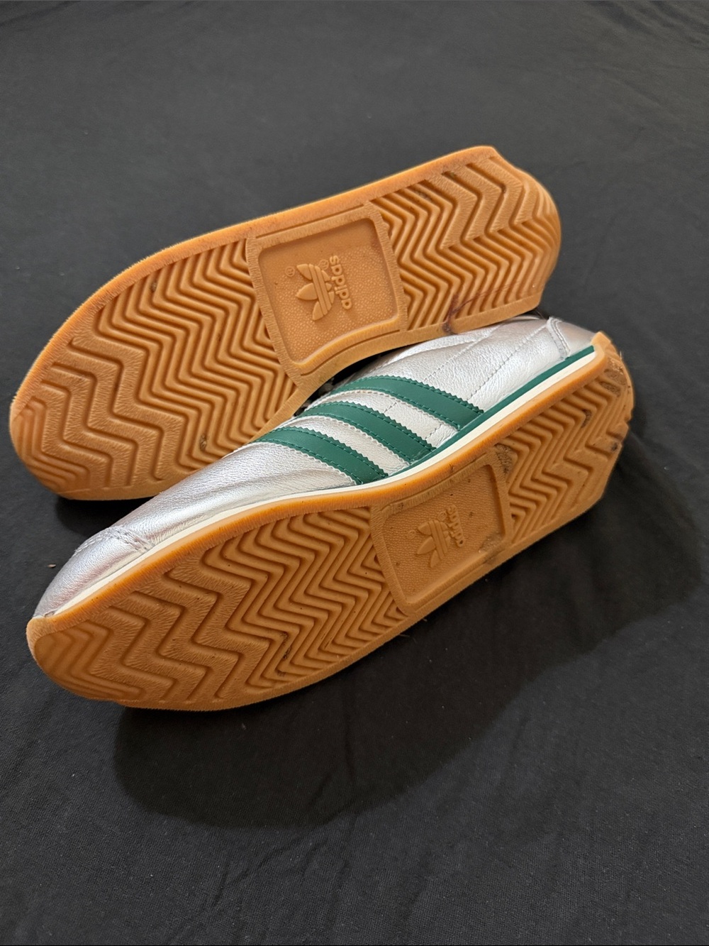 adidas Silver Metallic Sneakers with Green Stripes - Picture 2 of 3